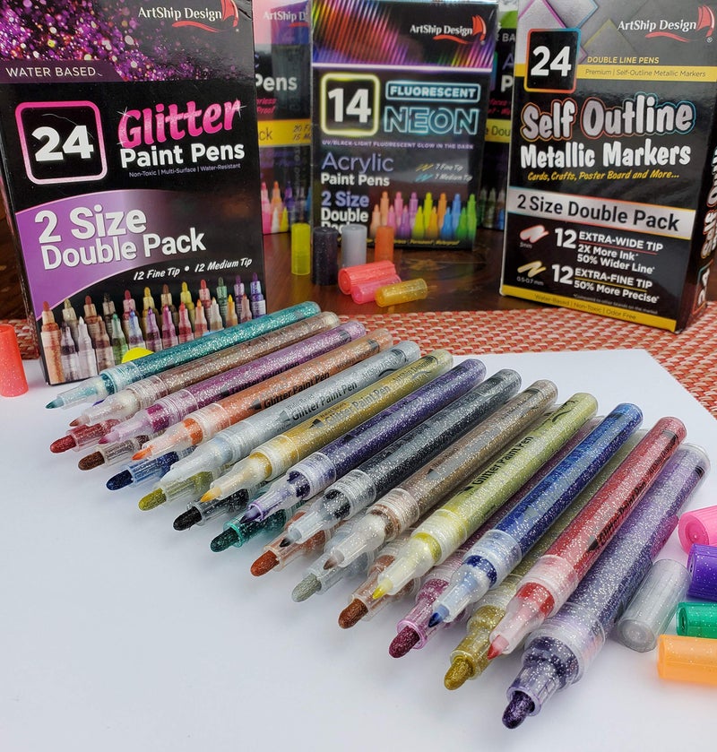 ArtShip Design 24 Glitter Paint Pens, Double Pack of Both Extra Fine and Medium Tip Paint Markers, for Rock Painting, Mug, Ceramic, Glass, and Fabric Painting, Water Based Non-Toxic and No Odor - Image 2