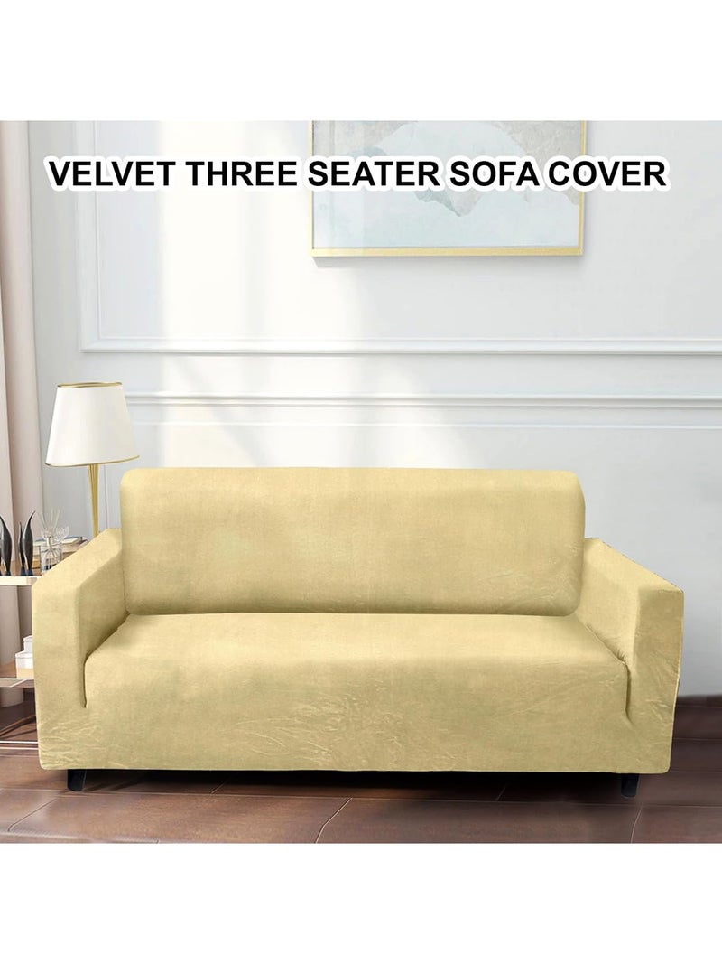 VORHANG Velvet Sofa Cover Highly Elastic Cover Stretchable Universal Sofa Slipcover for Dining Drawing Room Three Seater Sofa Cover Washable Cream - Image 1
