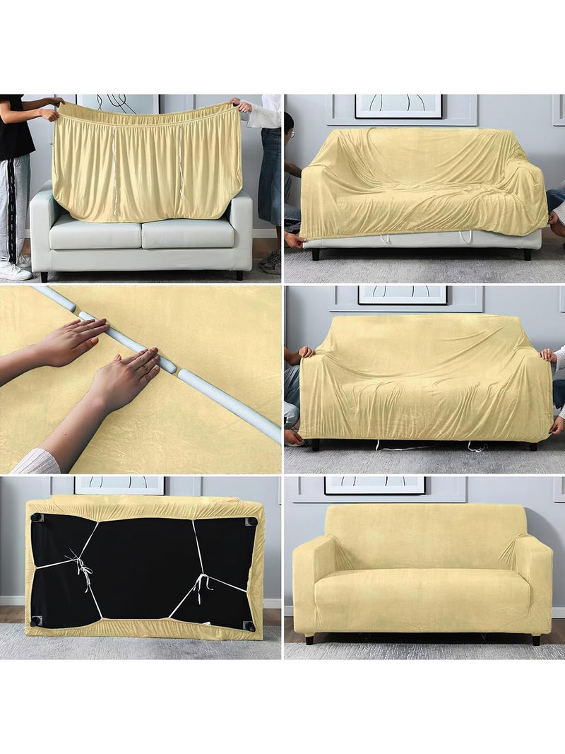VORHANG Velvet Sofa Cover Highly Elastic Cover Stretchable Universal Sofa Slipcover for Dining Drawing Room Three Seater Sofa Cover Washable Cream - Image 4