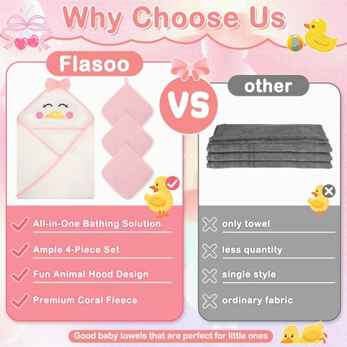 Flasoo 4 PCS Baby Towels Set Soft Baby Towels and Washcloths Set 1 Hooded Baby Towel and 3 Baby Washcloths for Newborns Toddlers and Kids 32x32 Baby Towel with Hood for Boy and Girl Pink Duck - Image 3