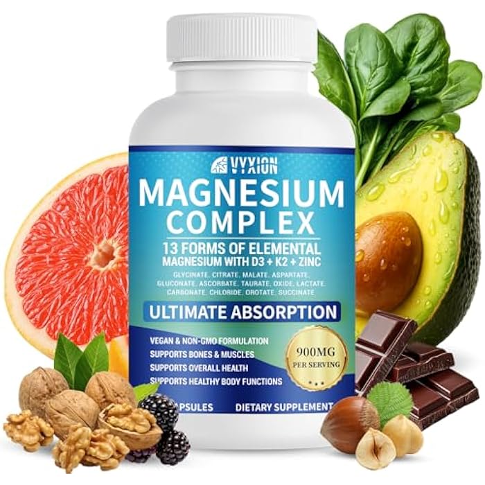 VYXION Magnesium Complex 900mg per Serving – High Absorption Magnesium Glycinate with Vitamin D3 K2 Zinc & B Vitamins – Sleep, Calm, Muscle & Nerve Support – 90 Capsules - Image 1