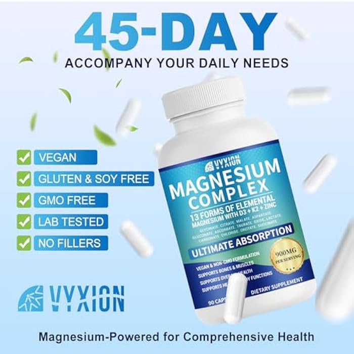 VYXION Magnesium Complex 900mg per Serving – High Absorption Magnesium Glycinate with Vitamin D3 K2 Zinc & B Vitamins – Sleep, Calm, Muscle & Nerve Support – 90 Capsules - Image 4