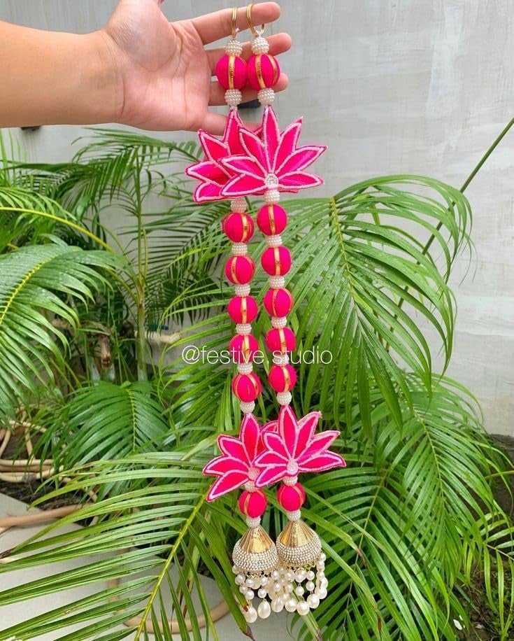 Handcrafted Decorative Wall Hanging with Floral Lotus Motifs Pink and Pearl Beads 25 cm 