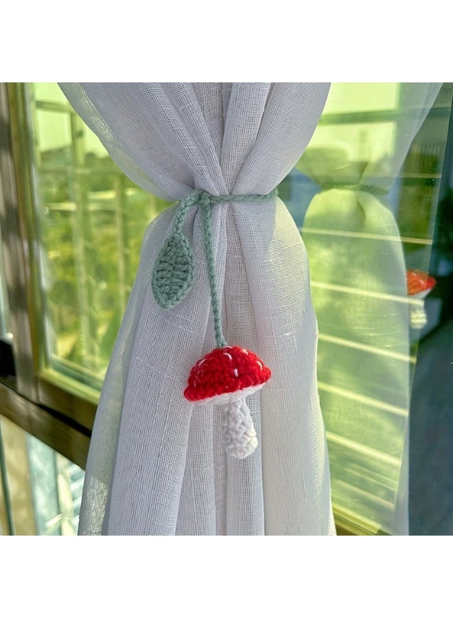 Goolsky Handcrafted Red & White Mushroom Crochet Curtain Tieback - Charming Hand-Woven Bag Pendant with Green Leaf Detail, Perfect for Home Decor - Image 1