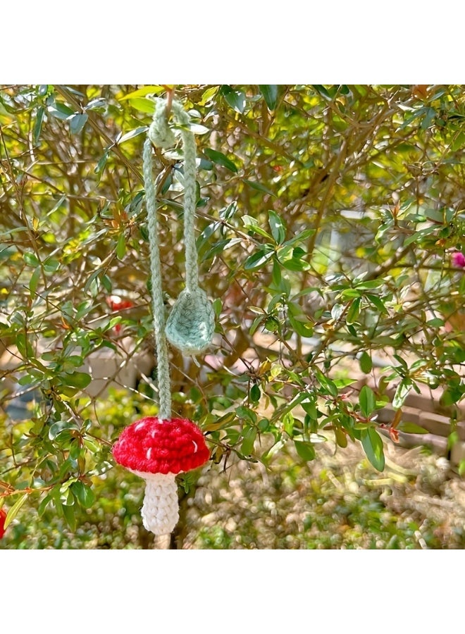 Goolsky Handcrafted Red & White Mushroom Crochet Curtain Tieback - Charming Hand-Woven Bag Pendant with Green Leaf Detail, Perfect for Home Decor - Image 2