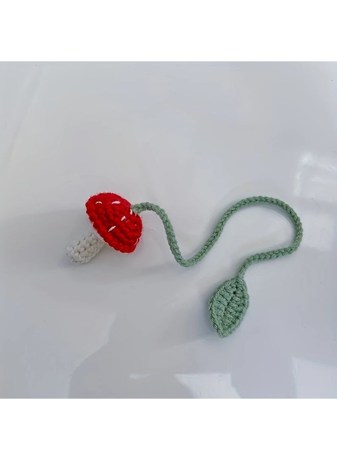 Goolsky Handcrafted Red & White Mushroom Crochet Curtain Tieback - Charming Hand-Woven Bag Pendant with Green Leaf Detail, Perfect for Home Decor - Image 3