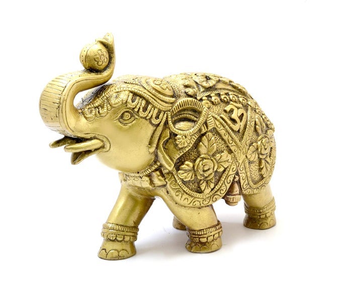 OM AND SWASTIKA CARVING BRASS 7 INCHES ELEPHANT SHOWPIECE WEIGHT 16 KG STANDARD PACK OF 1