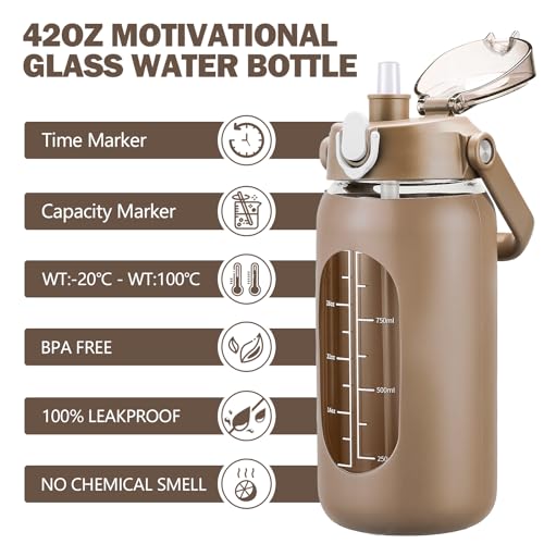 kytffu 42oz Glass Water Bottles with Straw, Motivational Glass Bottle with Silicone Sleeve and Time Marker, Leakproof Large Glass Water Jug for Gym Home Office,Amber - Image 2