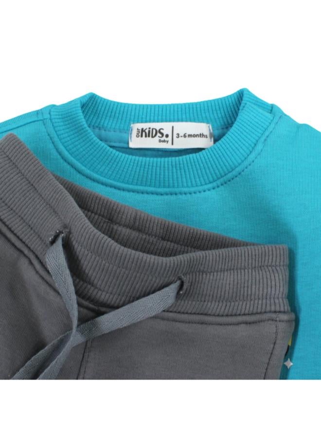 Ourkids Unisex Baby Cotton Pajama Set – Turquoise/Grey with Dinosaur Print - Image 3