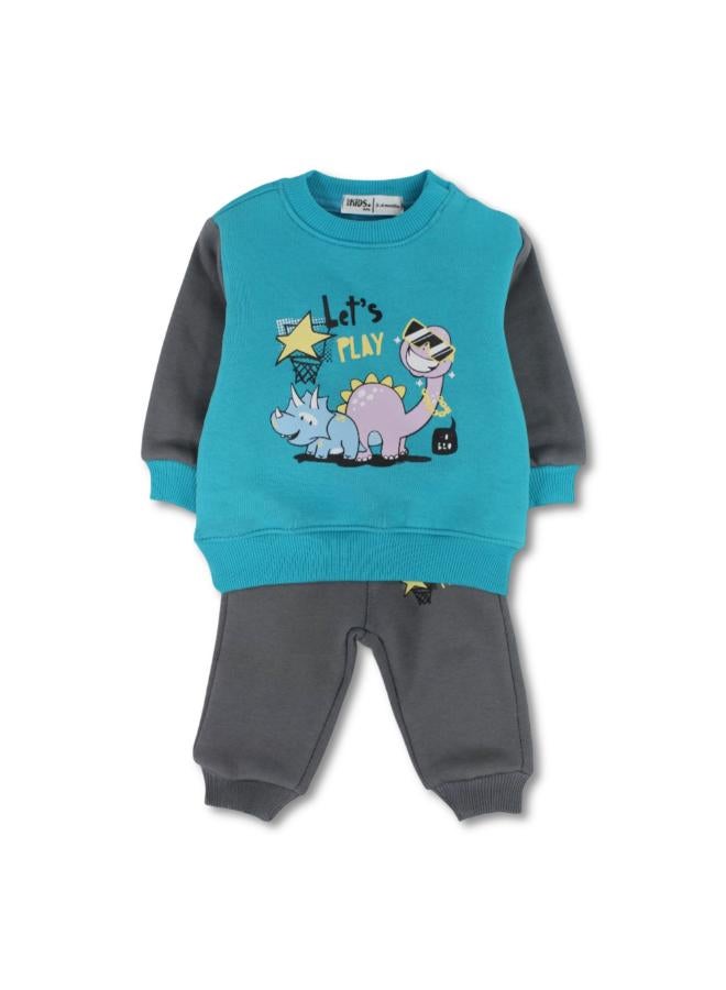 Ourkids Unisex Baby Cotton Pajama Set – Turquoise/Grey with Dinosaur Print - Image 1