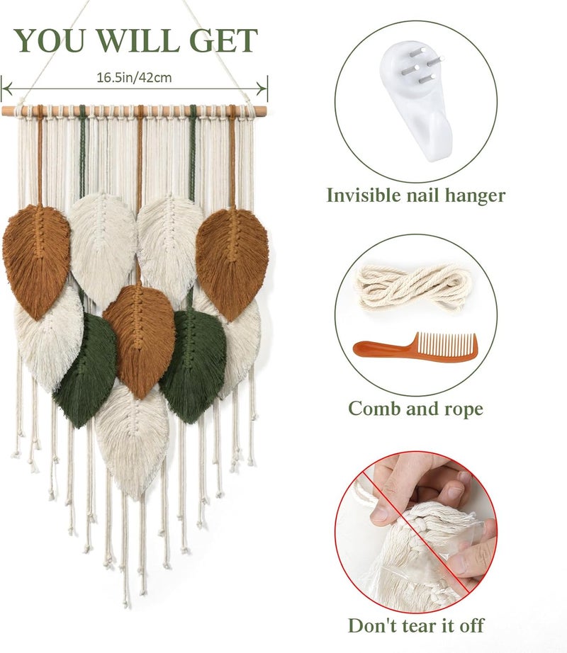 KHOYIME Macrame Wall Hanging Leaves Woven Tapestry, Boho Chic Home Decor Modern Bohemian Handmade Leaf Feather Wall Art Decorations for Apartment Dorm Living Room Bedroom Nursery Backdrop 16.5"x29.5" - Image 2