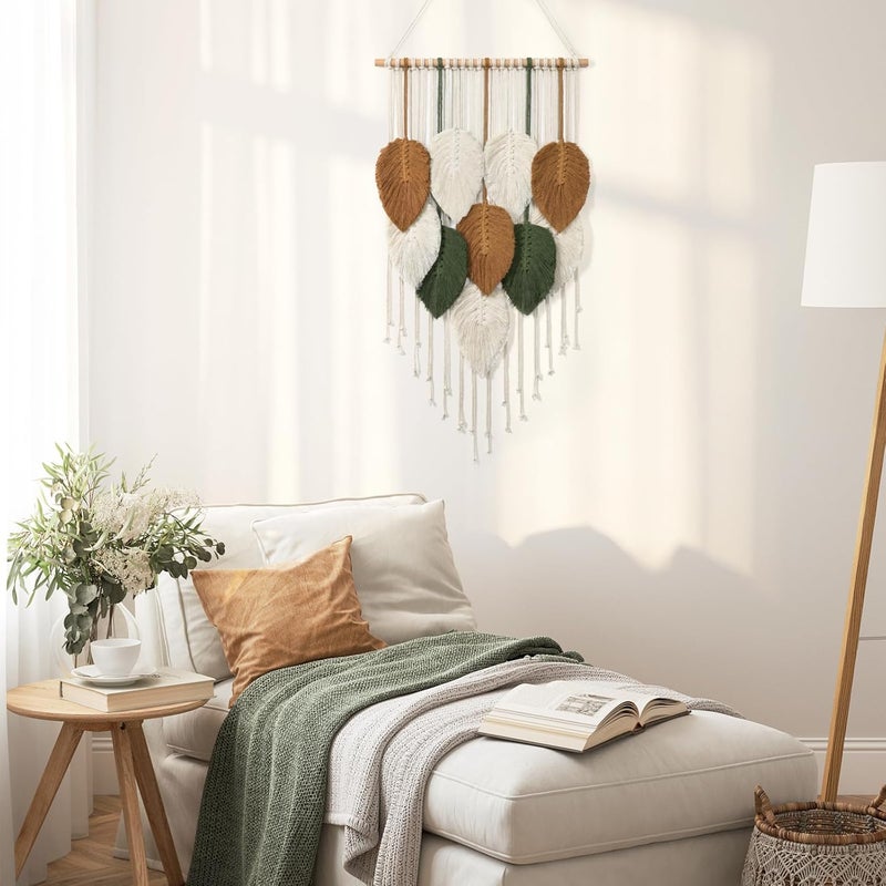 KHOYIME Macrame Wall Hanging Leaves Woven Tapestry, Boho Chic Home Decor Modern Bohemian Handmade Leaf Feather Wall Art Decorations for Apartment Dorm Living Room Bedroom Nursery Backdrop 16.5"x29.5" - Image 4
