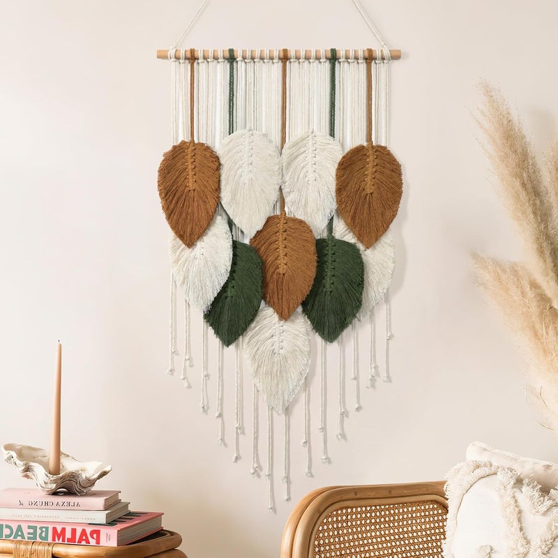 KHOYIME Macrame Wall Hanging Leaves Woven Tapestry, Boho Chic Home Decor Modern Bohemian Handmade Leaf Feather Wall Art Decorations for Apartment Dorm Living Room Bedroom Nursery Backdrop 16.5"x29.5" - Image 1