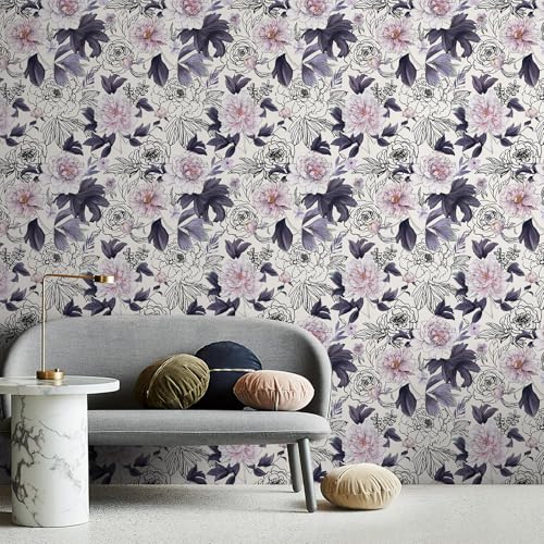 JiffDiff Purple Flowers Floral Peel and Stick Wallpaper Self-Adhesive, Removable for Furniture Wardrobe Cabinet Nightstand Bedroom Bathroom Refresh Sticker Botanical Contact Paper (118.11" x 17.7" , Purple) - Image 3
