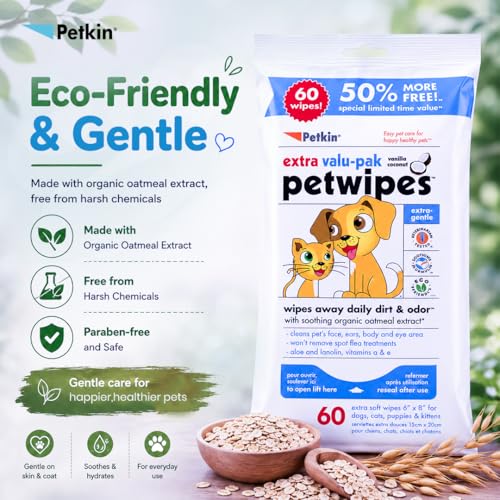 Petkin Petwipes for Dogs and Cats Extra Valu-Pack, Wipes Away Daily Dirt and Odor, Cleans Face, Ears, Body and Eye Area, Super Convenient, Ideal for Home or Travel 60 Wipes - Image 5