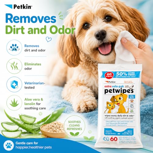 Petkin Petwipes for Dogs and Cats Extra Valu-Pack, Wipes Away Daily Dirt and Odor, Cleans Face, Ears, Body and Eye Area, Super Convenient, Ideal for Home or Travel 60 Wipes - Image 4