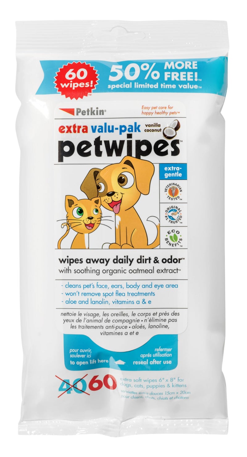 Petkin Petwipes for Dogs and Cats Extra Valu-Pack, Wipes Away Daily Dirt and Odor, Cleans Face, Ears, Body and Eye Area, Super Convenient, Ideal for Home or Travel 60 Wipes - Image 1
