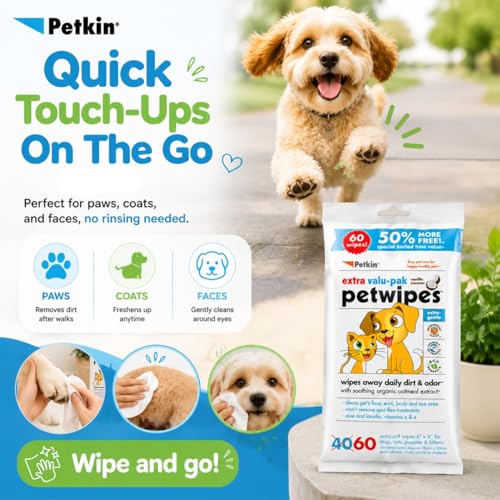 Petkin Petwipes for Dogs and Cats Extra Valu-Pack, Wipes Away Daily Dirt and Odor, Cleans Face, Ears, Body and Eye Area, Super Convenient, Ideal for Home or Travel 60 Wipes - Image 3