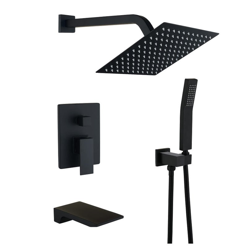 Bathtub Shower System Matte Black Shower and Tub Faucet set with 10 inch Rian Shower Head and Handheld Spray Mix Shower Comboincluding Roughin valve and Shower Trim Kit