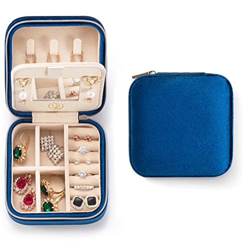 ZPROW Plush Velvet Travel Jewelry Case, Travel Jewelry Organizer, Jewelry Travel Case, Travel Jewelry Box, Small Jewelry Case for Women, Jewelry Travel Box, Earring Organizer with Mirror - Navy Blue - Image 1