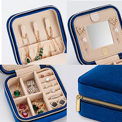 ZPROW Plush Velvet Travel Jewelry Case, Travel Jewelry Organizer, Jewelry Travel Case, Travel Jewelry Box, Small Jewelry Case for Women, Jewelry Travel Box, Earring Organizer with Mirror - Navy Blue - Image 3