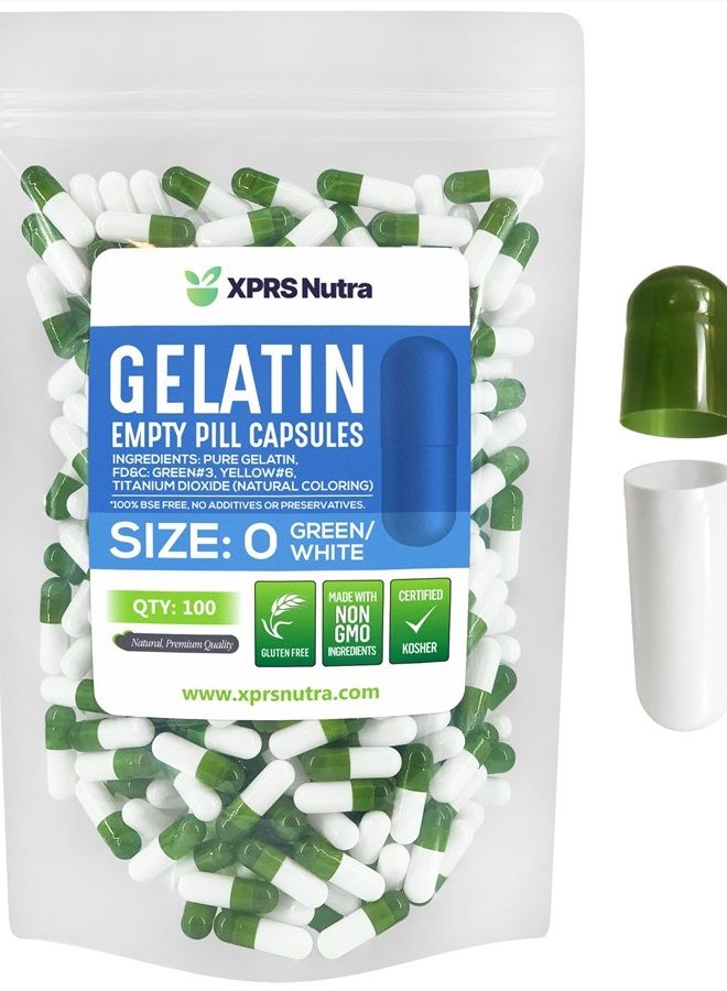 XPRS Nutra Size 0 Empty Capsules - 100 Count Empty Gelatin Capsules - Empty Pill Capsules - DIY Capsule Filling - Pure Bovine Pill Capsules Empty Gel Caps (Green/White) - Image 1