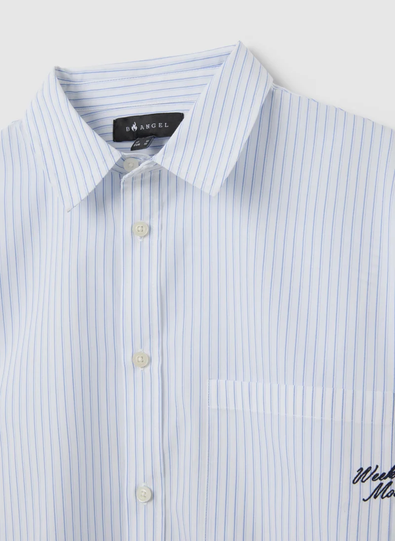 او في اس WHITE STRIPED PURE COTTON SHIRT IN REGULAR FIT