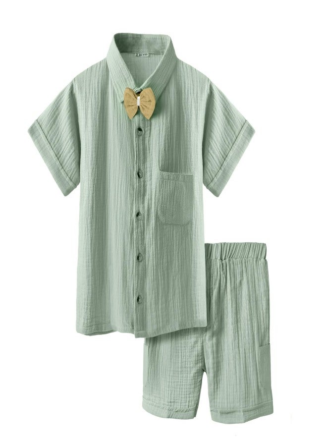 Bold N Elegant 100% Linen Shirt & Shorts Co-ord Set for Kids | Stylish Party Short-Sleeve Shirt with Bow & Comfy Shorts | Cool & Comfortable Summer Wear (2-3 Years, Green) - Image 1