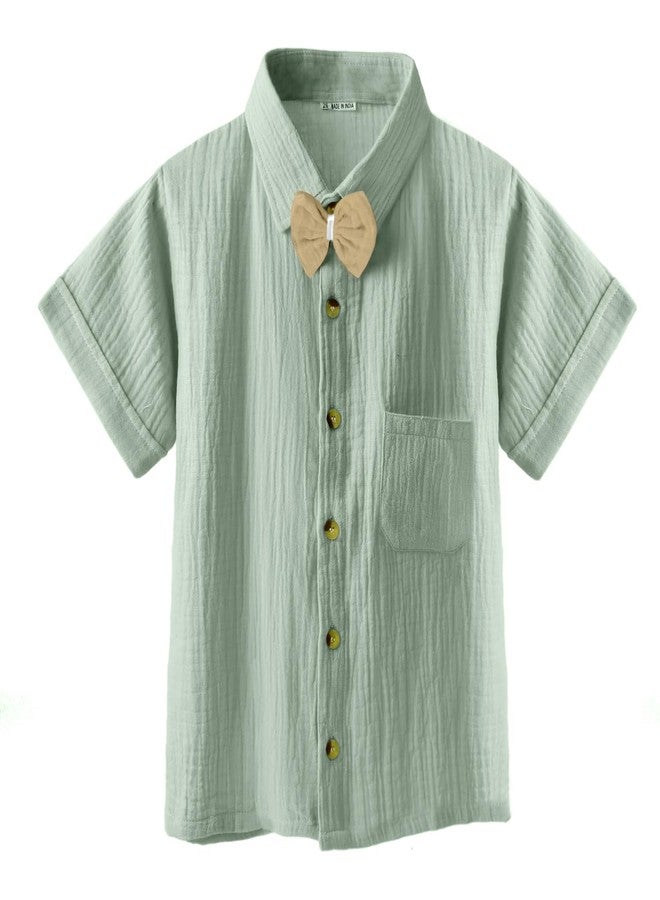 Bold N Elegant 100% Linen Shirt & Shorts Co-ord Set for Kids | Stylish Party Short-Sleeve Shirt with Bow & Comfy Shorts | Cool & Comfortable Summer Wear (2-3 Years, Green) - Image 2