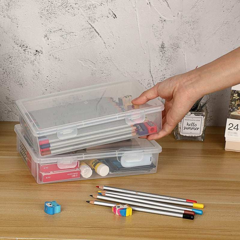 BTSKY Clear Plastic Storage Box with Flap Lid, Multipurpose Craft Organizers and Storage Box Art Supply Storage Organizer Plastic Sewing Box for Beads Pencils Notebooks, 2 Pack Small - Image 2