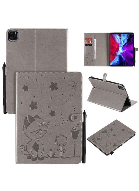 Case Cover For iPad Pro 11 2020 & 2018 Cat Bee Embossing Pattern Horizontal Flip Leather Tablet Case with Holder & Card Slots & Wallet & Pen Slot & Wake-up / Sleep Function Grey