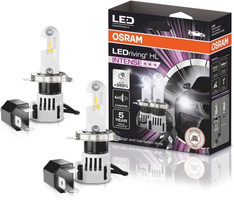 أوسرام مصابيح LEDriving®HL INTENSE، ≜ H4/H19، بديل LED للمصابيح التقليدية H4/H19 عالية ومنخفضة الشعاع، للاستخدام على الطرق الوعرة فقط، سطوع أعلى بنسبة +350%، 6000K، صندوق قابل للطي معلق (مصباحان) - Image 1