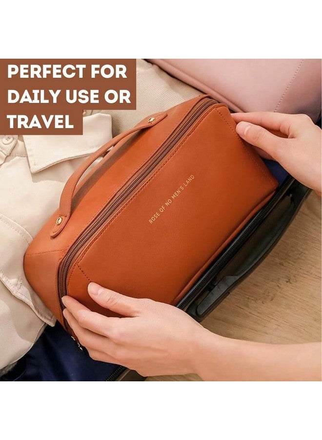 ELRINZA Women’s Large Capacity Cosmetic Travel Bag - Waterproof Leather Makeup Organizer with Wide Opening, Dividers with Handle - Image 4