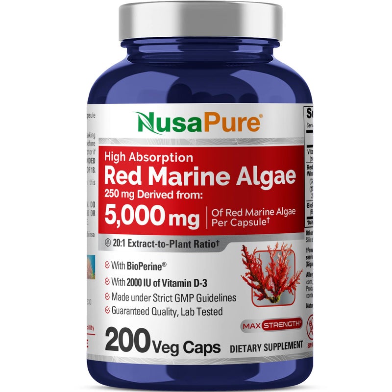 NusaPure Red Marine Algae 20:1 Extract, 250 mg Equivalent to 5,000 mg 200 Veggie Capsules (Non-GMO & Soy Free) Bioperine - Image 1