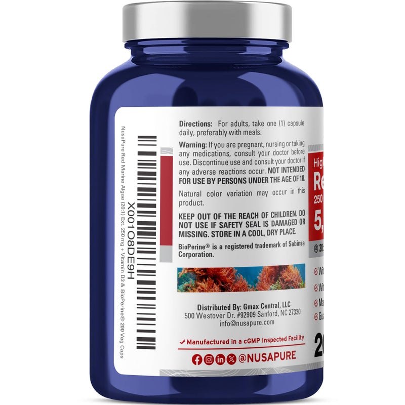 NusaPure Red Marine Algae 20:1 Extract, 250 mg Equivalent to 5,000 mg 200 Veggie Capsules (Non-GMO & Soy Free) Bioperine - Image 3