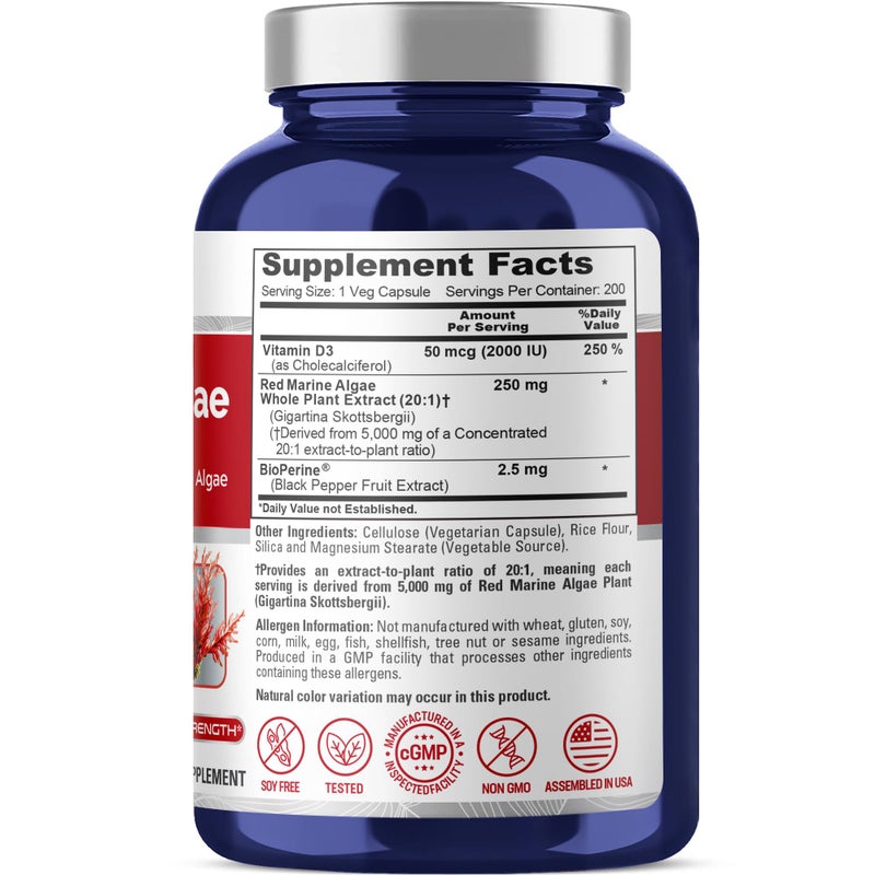 NusaPure Red Marine Algae 20:1 Extract, 250 mg Equivalent to 5,000 mg 200 Veggie Capsules (Non-GMO & Soy Free) Bioperine - Image 2