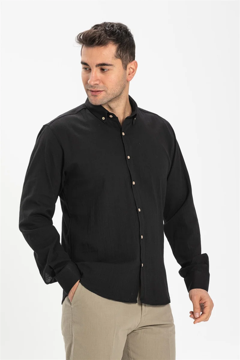 Eliş Şile Bezi Long Sleeve Slim Fit Şile Cloth Single Pocket Men's Shirt Black 3003
