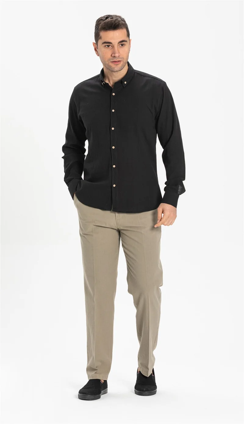Eliş Şile Bezi Long Sleeve Slim Fit Şile Cloth Single Pocket Men's Shirt Black 3003