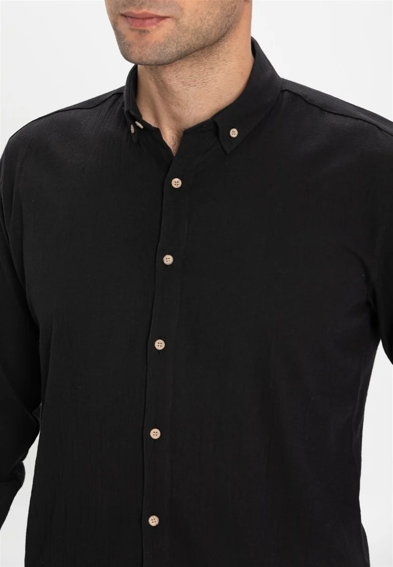 Eliş Şile Bezi Long Sleeve Slim Fit Şile Cloth Single Pocket Men's Shirt Black 3003