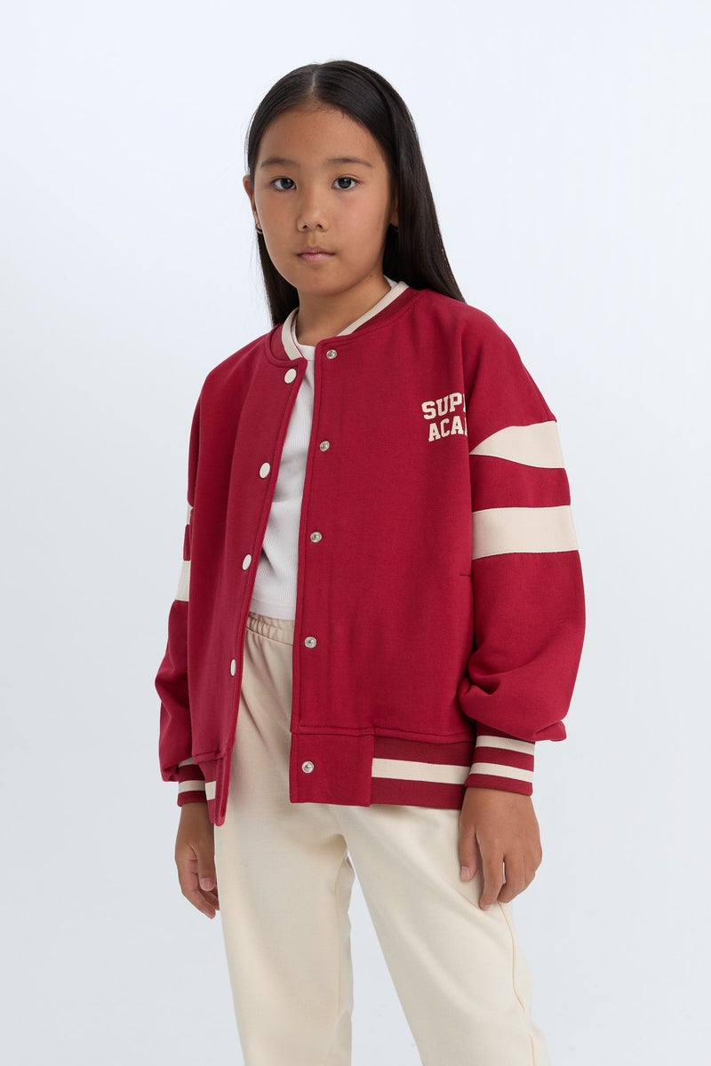 DeFacto Girl College Collar Printed Snap Closure Soft Furry Inside Bomber Jacket - Image 4