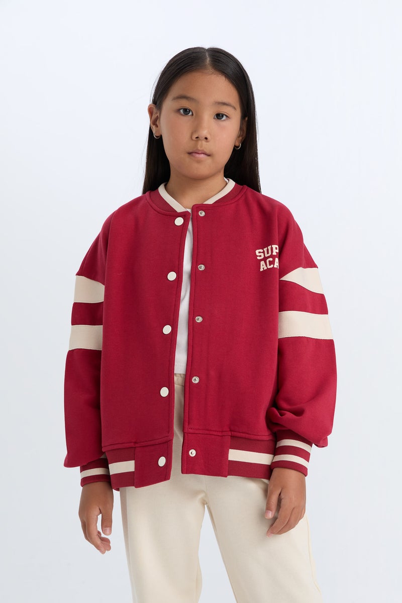 DeFacto Girl College Collar Printed Snap Closure Soft Furry Inside Bomber Jacket - Image 1