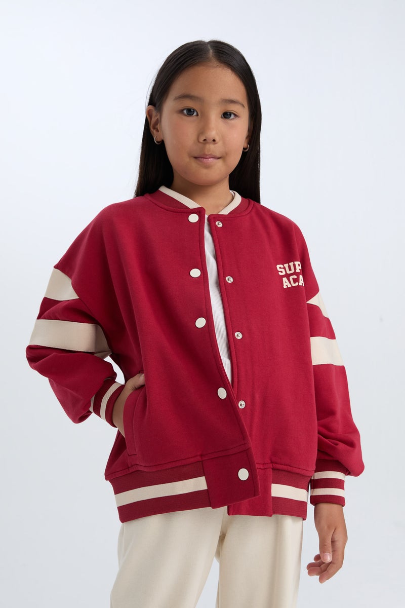 DeFacto Girl College Collar Printed Snap Closure Soft Furry Inside Bomber Jacket - Image 2