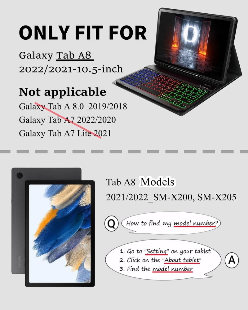 SAMTUNK for Tab A8 Case with Keyboard Samsung Galaxy Tab A8 10.5-inch 2021/2022 SM-X200, SM-X205 Dazzle Magic Keyboard Backlit Built-in Pencil Holder with Mouse Black - Image 2