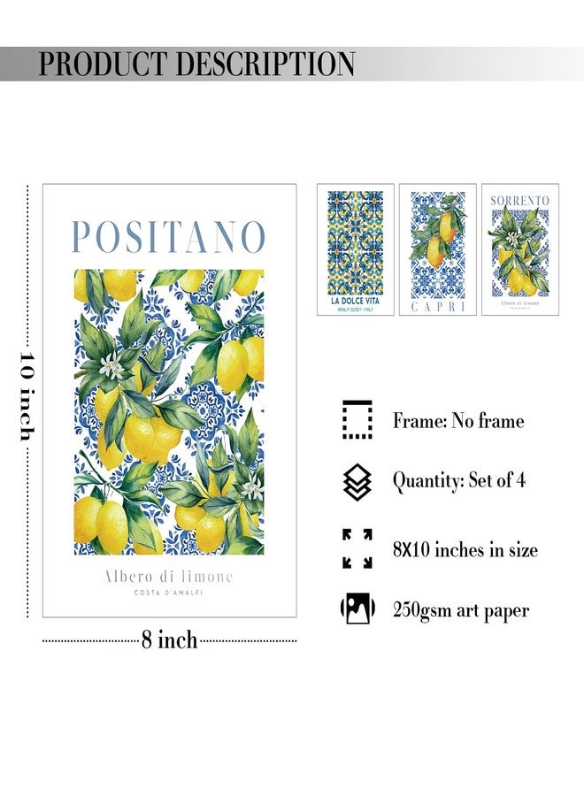 JXREQ Blue and White Lemon Italy Kitchen Posters Wall Art Prints Set of 4, Vintage Lemon Floral Branch Italian Mediterranean Wall Decor for Kitchen Dining Room Home, 8x10 Inch Unframed - Image 2