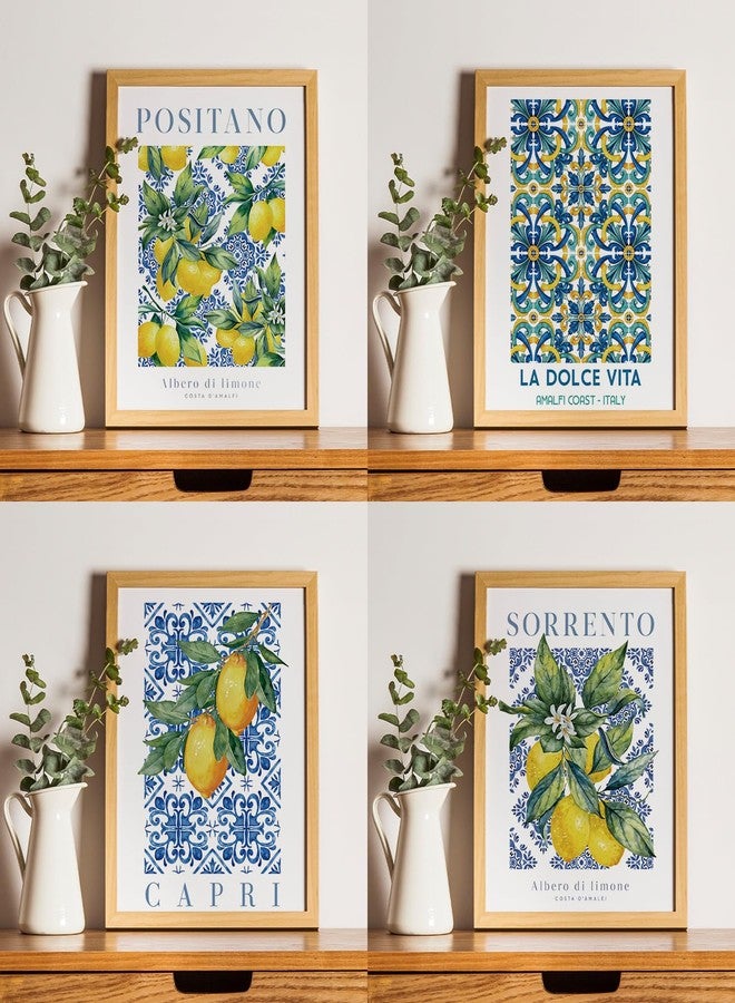 JXREQ Blue and White Lemon Italy Kitchen Posters Wall Art Prints Set of 4, Vintage Lemon Floral Branch Italian Mediterranean Wall Decor for Kitchen Dining Room Home, 8x10 Inch Unframed - Image 4