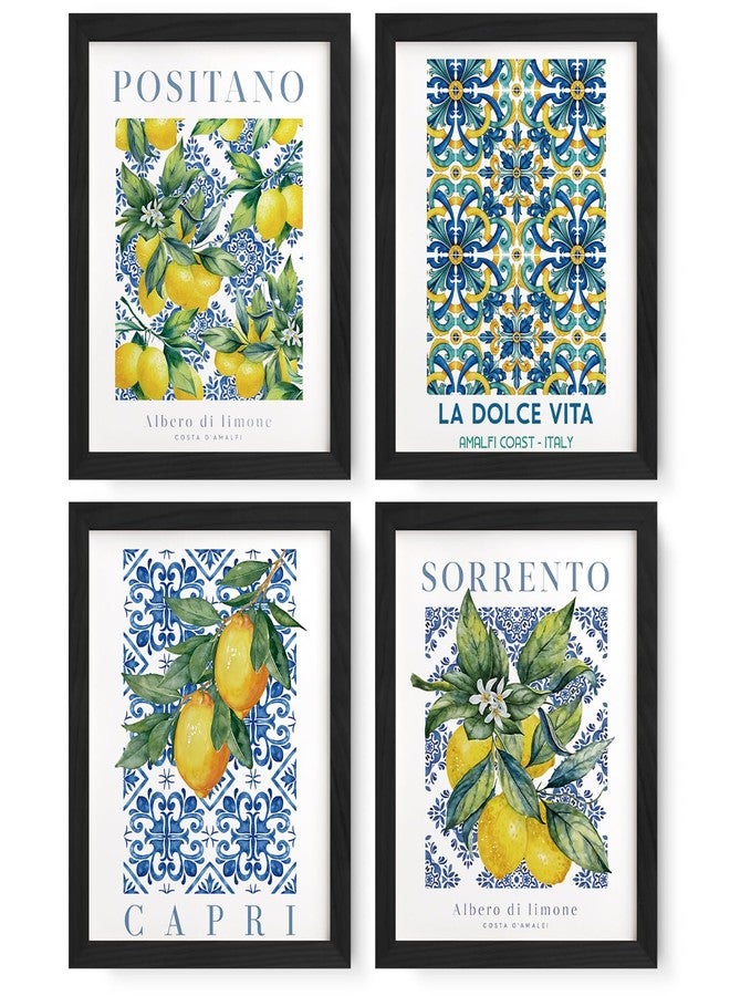 JXREQ Blue and White Lemon Italy Kitchen Posters Wall Art Prints Set of 4, Vintage Lemon Floral Branch Italian Mediterranean Wall Decor for Kitchen Dining Room Home, 8x10 Inch Unframed - Image 1