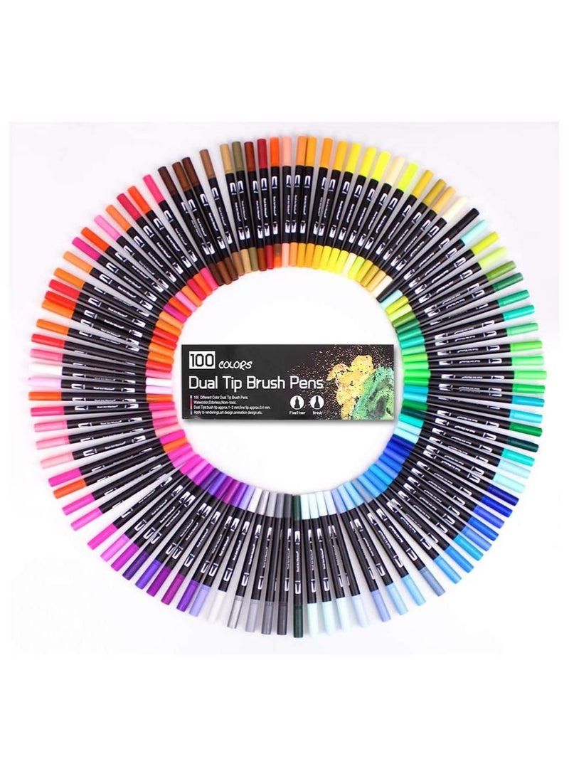 BP 100-Piece Watercolour Fine Liner Dual Tip Brush Pen Set Multicolour - Image 2