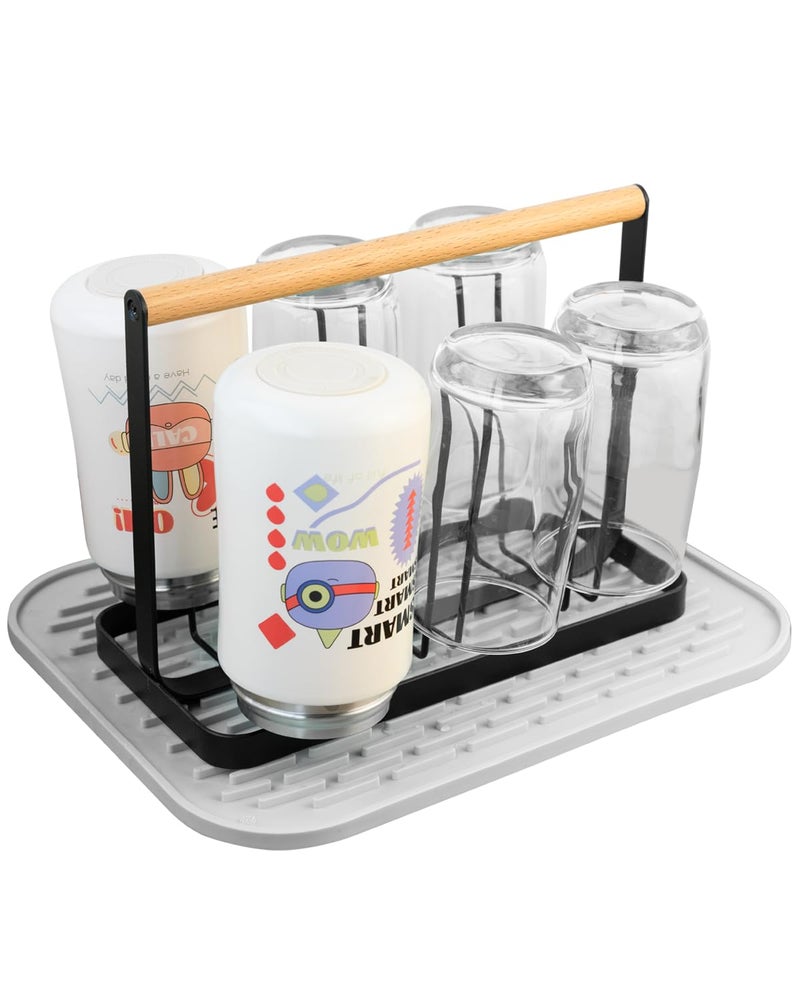 Mukkuri Cup Drying Rack StandBeer Glasses Rack 6 Cup Metal Drainer Holder Rack NonSlip Mugs Cups Organizer with Wood Handle Black