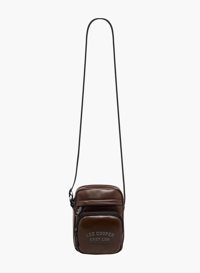 Lee Cooper Logo Print Crossbody Bag with Adjustable Strap and Zip Closure