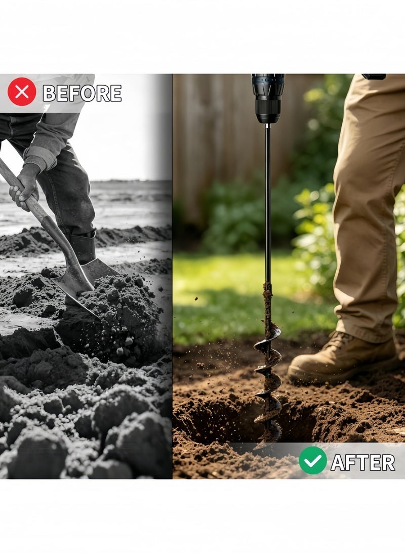 Poxvalzor Garden Auger Drill Bit, 4×45cm Heavy-Duty Spiral Earth Auger for Hex Drive Drill, Rust-Resistant Cold-Rolled Steel Bulb Planter & Post Hole Digger for Yard, Flower, Vegetable, Fruit Tree, Orchard Planting – Black - Image 4
